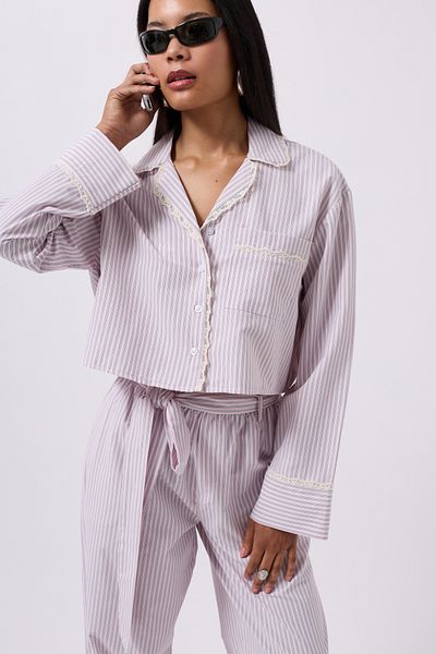 Black Fashion Striped Pocket Detail Crop Pink Shirt