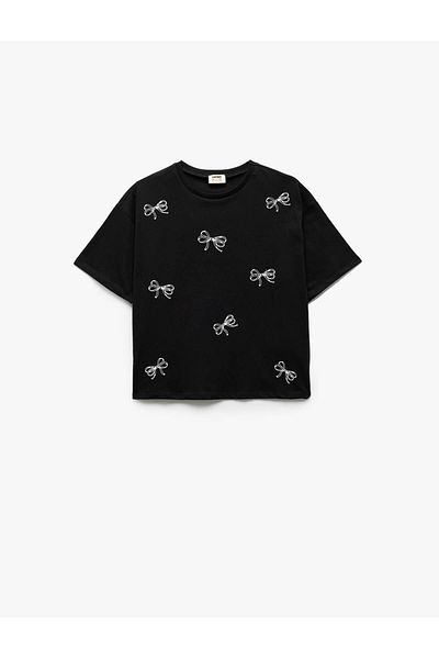 Koton Bow Printed Cotton Crew Neck Black Girl's T-Shirt 5Skg10140Ak