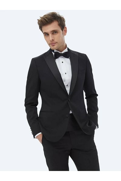 Kip Black Flat Slim Fit Detachable Double Breasted Lapel Woven Tuxedo Suit