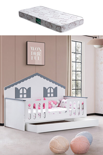 Setay Yavrulu Karyola, Poli Yavrulu Montessori Yatak - Gri + 1 Adet Comfort Yatak