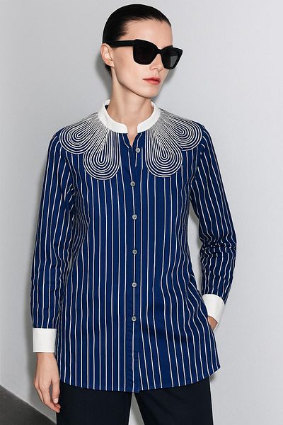 HAKKE Judge collar organza striped shirt