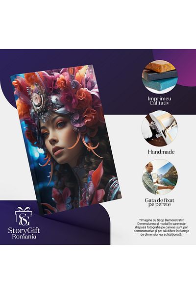 StoryGift Romania Tablou Canvas: Printesa Exotica Costum, Flori Taiate, Intuneric, Albastru Electric, Pana, Fes