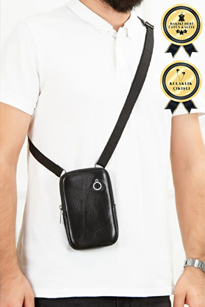 Newish Polo حقيبة كتف سيرف ليذر كلوب من الجلد الطبيعي مع مقبس سماعة الرأس باللون الأسود (12 × 18 سم)