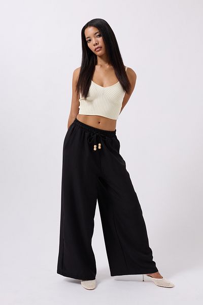 Black Fashion Accessory Detail Linen Black Trousers