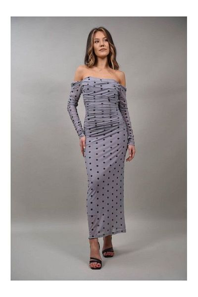 LUMİNA LONG DRAPED TULLE DRESS WITH POLKA DOT MAGICO NEALLY S-M Grey