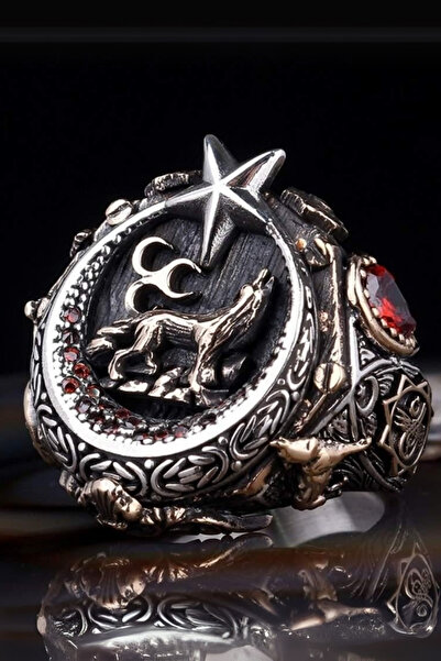 Diriliş Takı Bozkurt Üç Hilal Kral Motifli Gümüş Yüzük