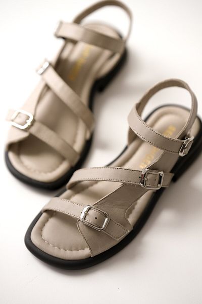 selinshoes Bloss 3-Piece Rubber Buckle Detailed Genuine Leather Women's Sandals - Ecru