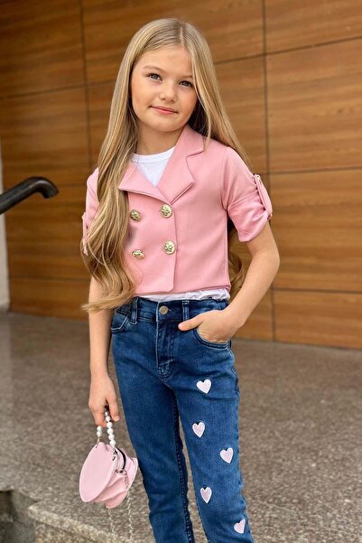 Riccotarz Girl's Silver Button Detailed Powder Blazer Jacket Heart Detailed Jean Pants Bottom Top Set 2251205016