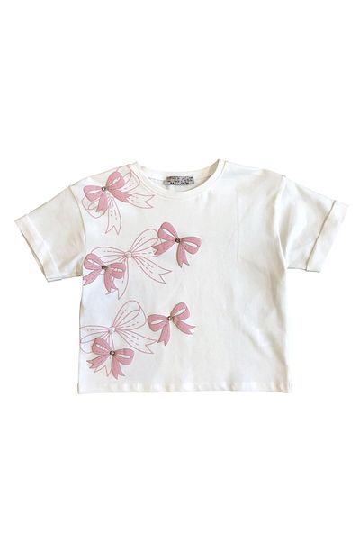 Little Star Girl's Bow Printed Blouse with Pearl and Stone Detail