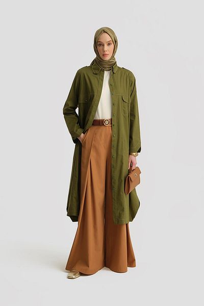 Armine Contrast Stitched Cotton Tunic Dress 25Y4705 Green
