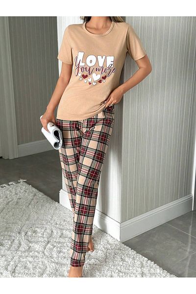 VG BOND MODA Love Print Detailed Short Sleeve Cotton Women's Pajamas Set Vg151