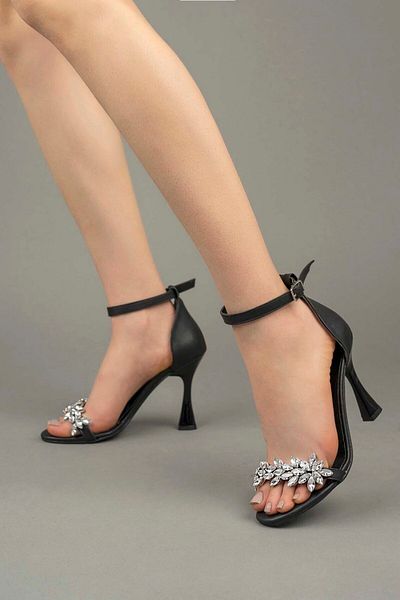 Freemax Women's Stone High Classic 10 cm Heeled Evening Dress Shoes Black Skin