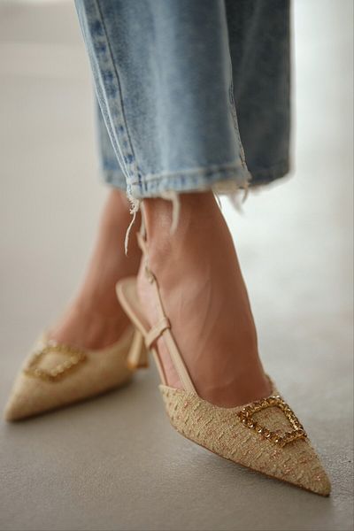 selinshoes Betie Tweed Fabric Buckle Detailed Women's Stiletto- Ecru