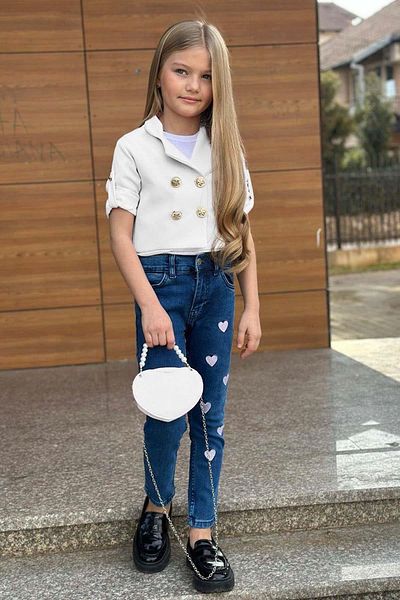 Riccotarz Jachetă albă cu detaliu cu nasturi argintii pentru fete, cu detaliu inimă, pantaloni din denim, set de sus și de jos