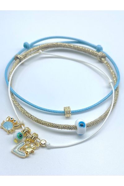 Concept HuBuTU 3Pcs Minimal Sea Themed Murano Evil Eye Beaded Gold Paracord and Korean Lanyard Soft Summer Anklet Set