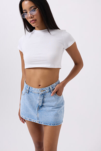 Black Fashion Asimetrik Bel Denim Mini Mavi Etek