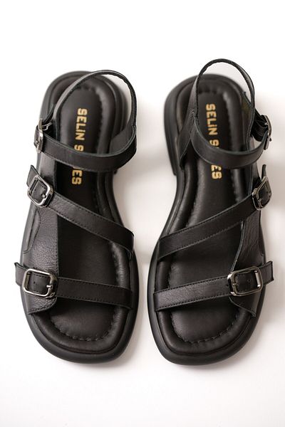 selinshoes Sandale de damă din piele naturală cu cataramă din cauciuc Bloss din 3 piese - NEGRE