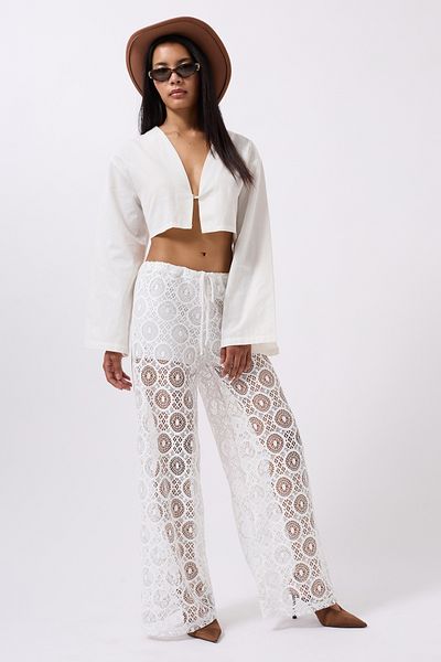 Black Fashion Lace White Trousers with Lace-Up Waist
