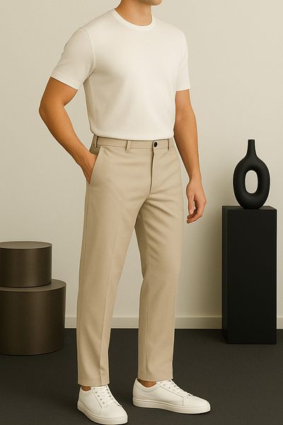 Ser Joven Men's Beige Slim Fit Fabric Trousers