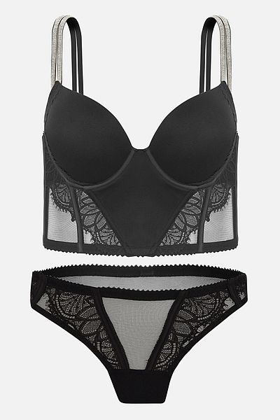 Wonna Σετ εσώρουχα Lirio Shiny Stone Detailed Micro Bustier - Γεμιστά - Δαντελένια -2716-Μαύρο