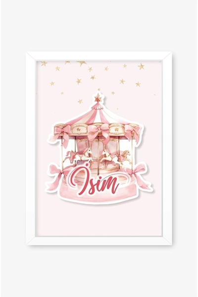 neşeli günlerim İsme Özel Boyutlu Pembe Atlıkarınca Beyaz Çerçeve 30x40 cm Ta...