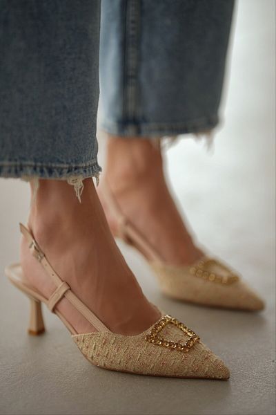 selinshoes Betie Tweed Fabric Buckle Detailed Women's Stiletto- Ecru