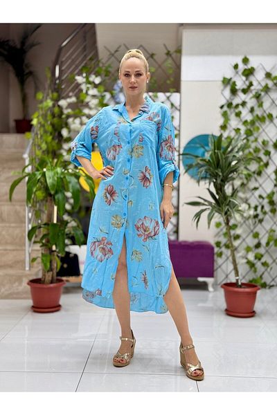 Punta Otantik Yg304003 Italian Coton Pareo Shirt Dress Turquoise