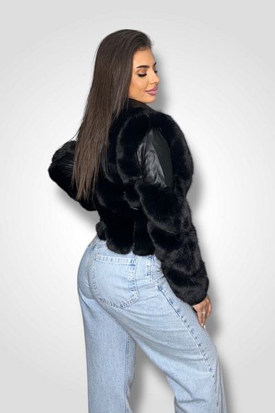 BOMBFIT Geaca de Blana artificiala si piele eco, Black Quee