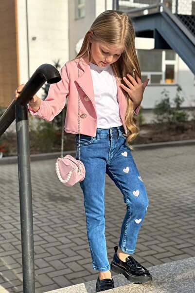 Riccotarz Girl's Silver Button Detailed Powder Blazer Jacket Heart Detailed Jean Pants Bottom Top Set 2251205016