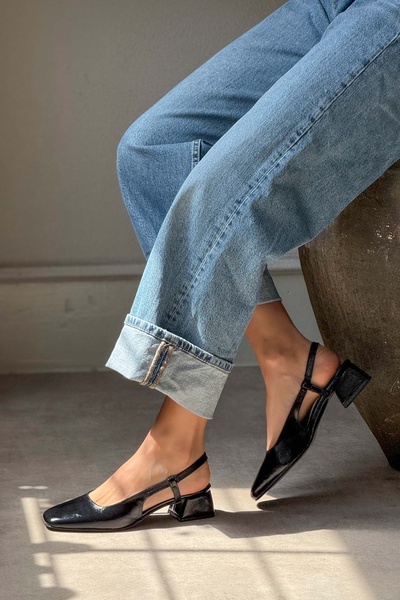 NİŞANTAŞI SHOES Dámské baleríny Jessy Black vrásčitá matná tupá špička s elastickým krátkým podpatkem