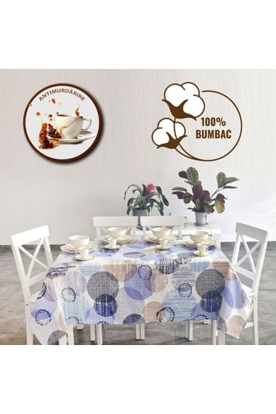 Pucioasa Față de masă din bumbac teflonat, 160x320cm, cercuri albastre/bej