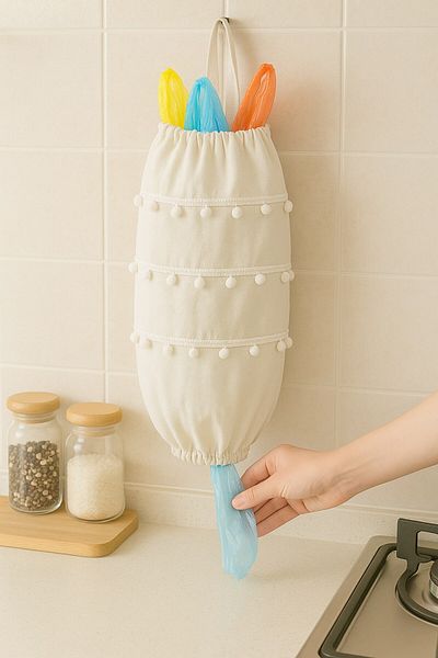Emtory Home Natural Linen Bag Holder Organizer with Cream Pompom
