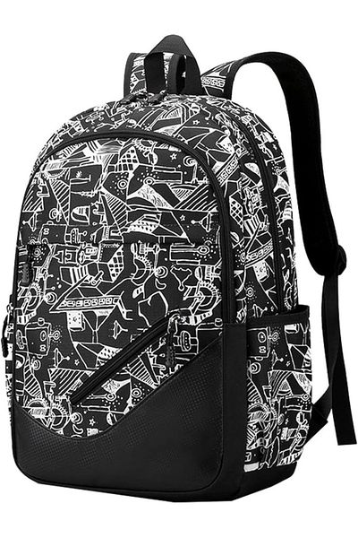 zola Ghiozdan adolescenti USB, Jack, lacat cu cifru, penar, abstract alb-negru, 48x38x18 cm