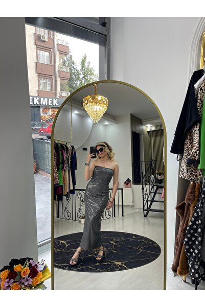 Butik Gri straplez pullu elbise