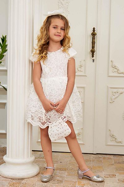 Riccotarz Girl's Lace Guipure Embroidered Transparent Tulle Zero Sleeve White Dress