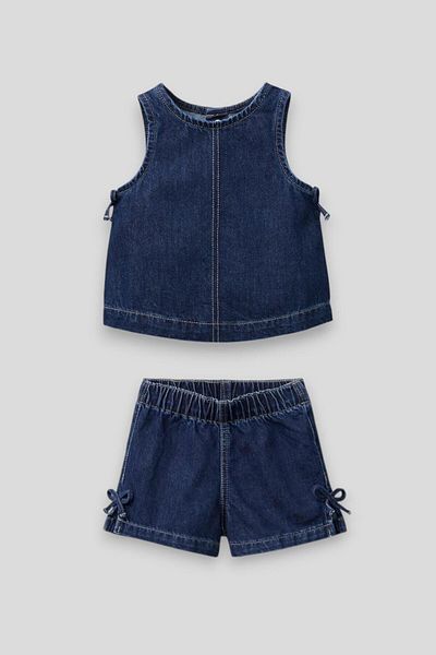 Magu Girl's Cotton Dark Blue Bow Denim Shorts Suit - Summer Suspender Model