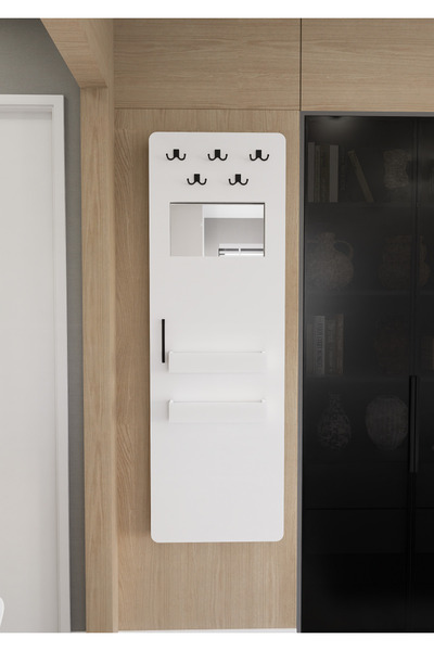 Mirobi Gizli Boy Aynası, Dekoratif Vestiyer, Modern Askılık, Sürgülü Kapaklı Boy Aynası Beyaz Askılık