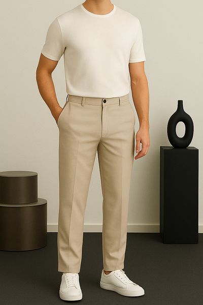 Ser Joven Men's Beige Slim Fit Fabric Trousers