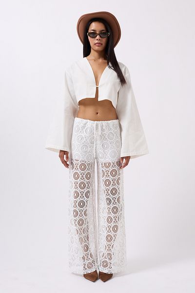 Black Fashion Lace White Trousers with Lace-Up Waist