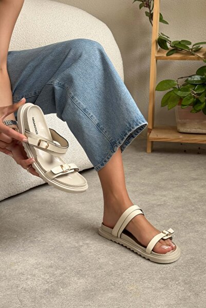NİŞANTAŞI SHOES Happy Beige Wrinkled Matte Two Buckle Flat Sole Women's Slippers
