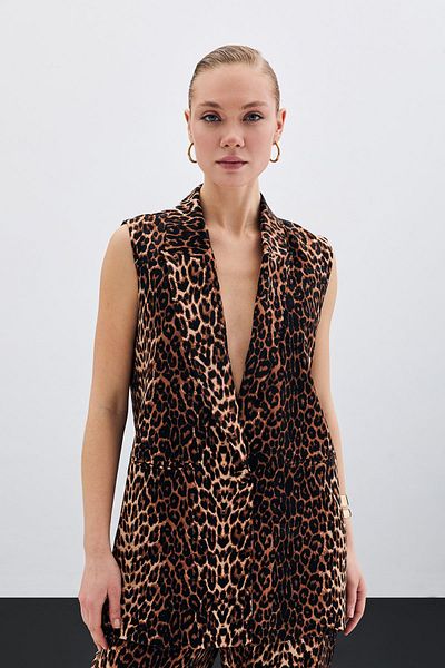Sateen Leopard Pattern Long Vest - Black