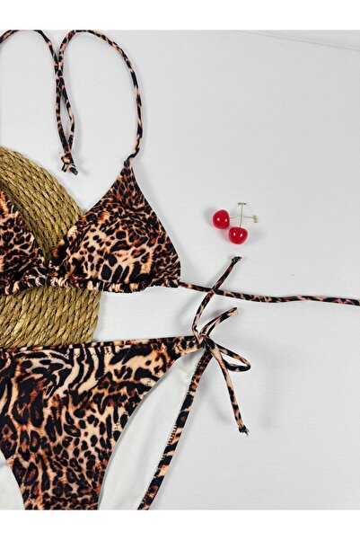 FUNELLA Leopar Desenli Boyun Bağlamalı Şık Üçgen Kadın Bikini Takımı
