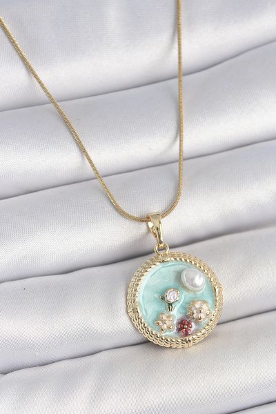 BESKAR 316L Steel Gold Color Chain Blue Enamel Pearl Flower Embroidered Zircon Stone Detailed Medalion Model K