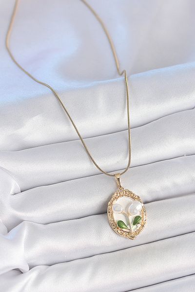 BESKAR 316L Steel Gold Color Chain White Enamel Pearl Flower Embroidered Portrait Model Women's Necklace