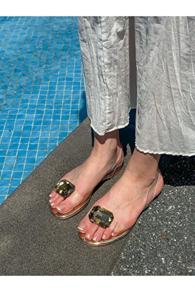 ERVANIN BUTİĞİ Gold Şeffaf (Ring) Gold Taş Detay Terlik