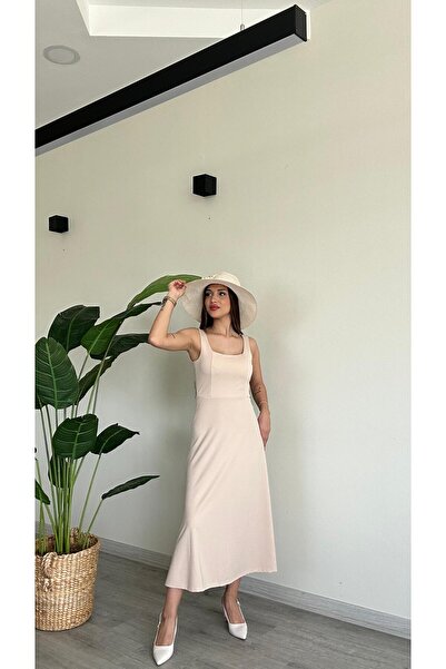 modadagiyim Φόρεμα με τετράγωνο γιακά σταυρός πλάτης Χαμηλό κομμένο Lycra Long Flared