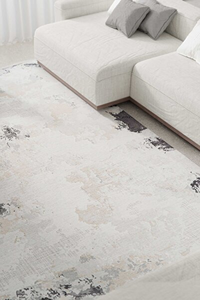 Oriente Home Abstract Patterned Washable Non-Slip Base Chenille Gray Anthracite Kitchen Carpet 7814