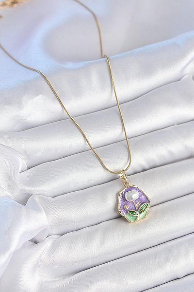 BESKAR 316L Steel Gold Color Chain Purple Flower Embroidered Pearl Detail Portrait Model Women's Necklace