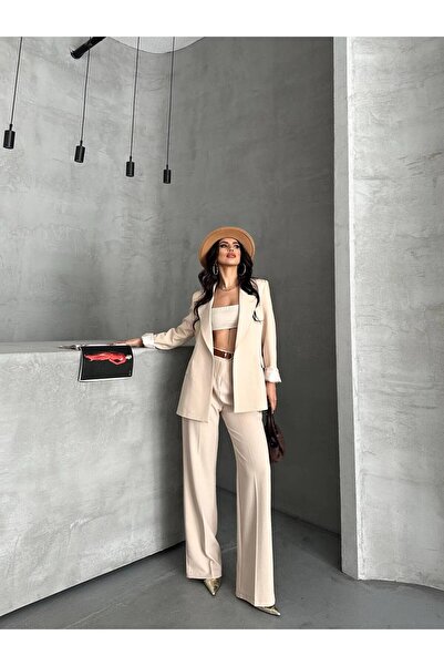 Moda İkra blazer παντελόνι κοστούμι με ζώνη