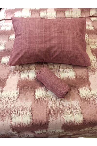 ŞENER HOME Patchwork Patterned Bed Sheet with Elastic Double Pique Set - Dried Rose
